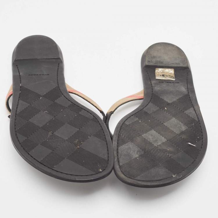 Pre Owned Burberry Black Leather and Canvas Masie Belted Check Thong Sandals Size 40