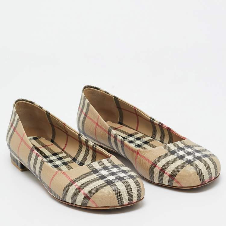 Pre Owned Burberry Beige Coated Check Canvas Joy Ballet Flats Size 40.5