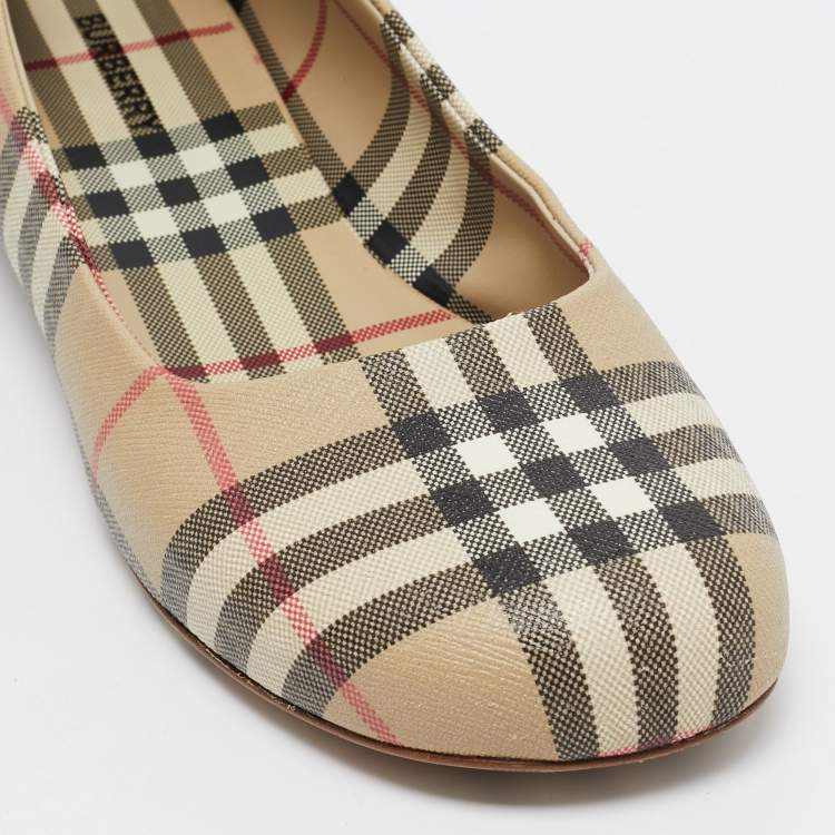 Pre Owned Burberry Beige Coated Check Canvas Joy Ballet Flats Size 40.5