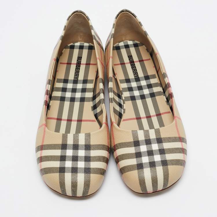 Pre Owned Burberry Beige Coated Check Canvas Joy Ballet Flats Size 40.5