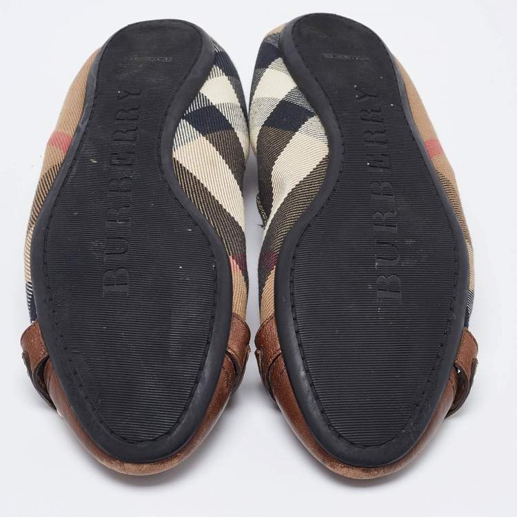 Pre Owned Burberry Brown Nova Check Fabric and Leather Buckle Detail Scrunch Ballet Flats Size 36.5