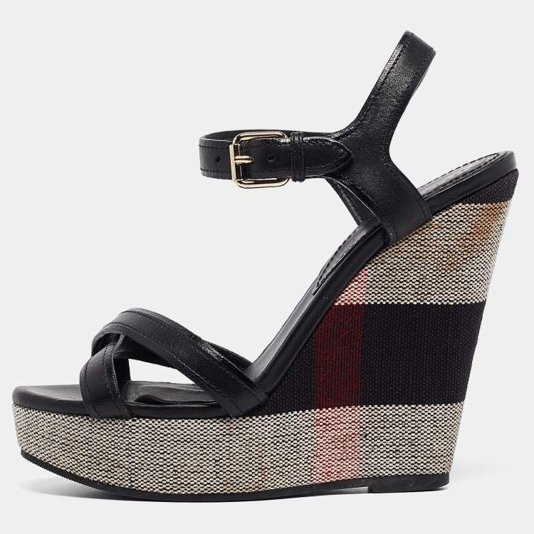 Pre Owned Burberry Black Canvas and Leather Walmer Wedge Sandals Size 36
