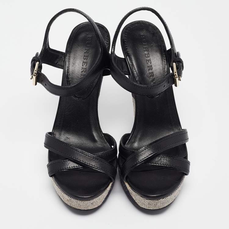 Pre Owned Burberry Black Canvas and Leather Walmer Wedge Sandals Size 36