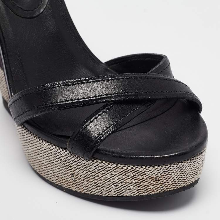 Pre Owned Burberry Black Canvas and Leather Walmer Wedge Sandals Size 36