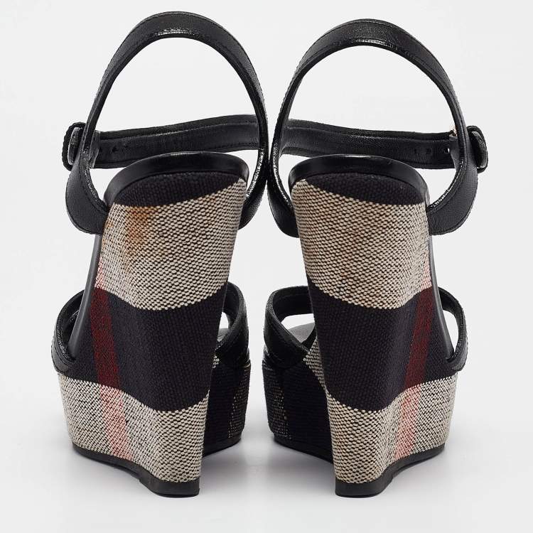 Pre Owned Burberry Black Canvas and Leather Walmer Wedge Sandals Size 36