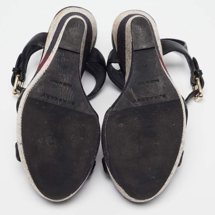 Pre Owned Burberry Black Canvas and Leather Walmer Wedge Sandals Size 36