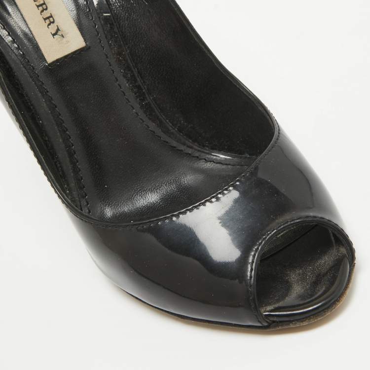 Pre Owned Burberry Black Patent Leather Peep Toe Pumps Size 36.5