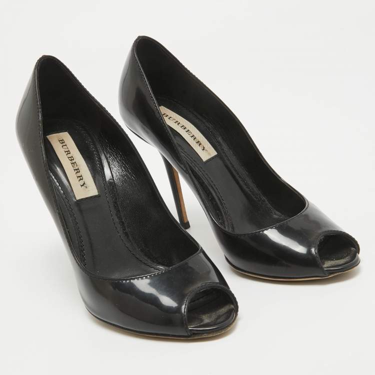 Pre Owned Burberry Black Patent Leather Peep Toe Pumps Size 36.5