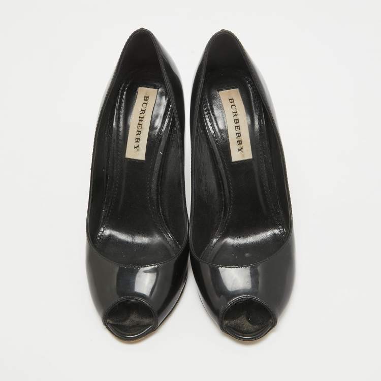 Pre Owned Burberry Black Patent Leather Peep Toe Pumps Size 36.5