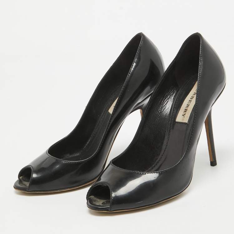 Pre Owned Burberry Black Patent Leather Peep Toe Pumps Size 36.5