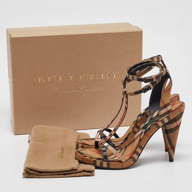 Pre Owned Burberry Beige Novacheck Canvas Hans T Strap Sandals Size 38
