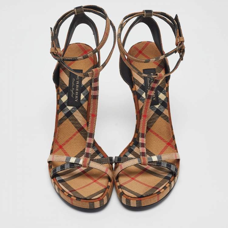 Pre Owned Burberry Beige Novacheck Canvas Hans T Strap Sandals Size 38