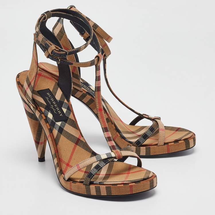 Pre Owned Burberry Beige Novacheck Canvas Hans T Strap Sandals Size 38