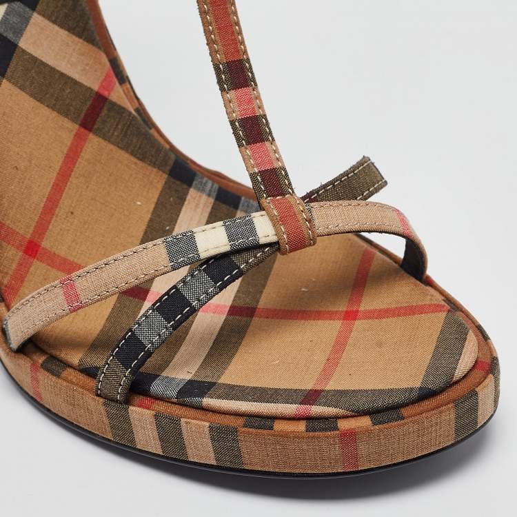 Pre Owned Burberry Beige Novacheck Canvas Hans T Strap Sandals Size 38