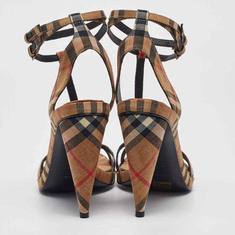 Pre Owned Burberry Beige Novacheck Canvas Hans T Strap Sandals Size 38