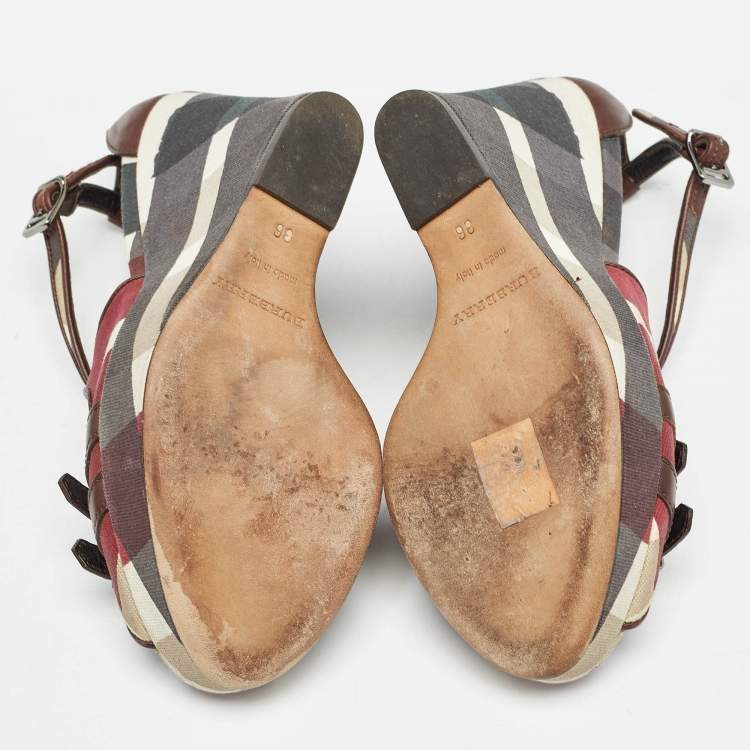 Pre Owned Burberry Multicolor Canvas and Leather Check Wedge Sandals Size 36