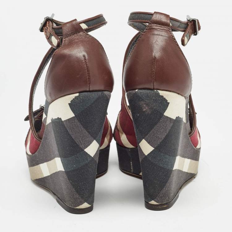 Pre Owned Burberry Multicolor Canvas and Leather Check Wedge Sandals Size 36
