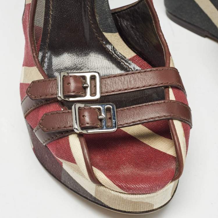 Pre Owned Burberry Multicolor Canvas and Leather Check Wedge Sandals Size 36