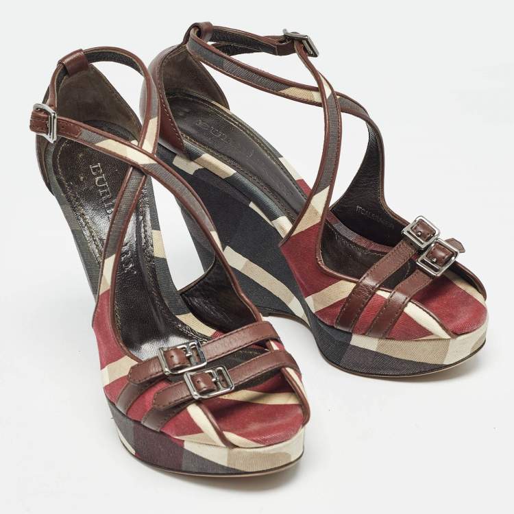 Pre Owned Burberry Multicolor Canvas and Leather Check Wedge Sandals Size 36