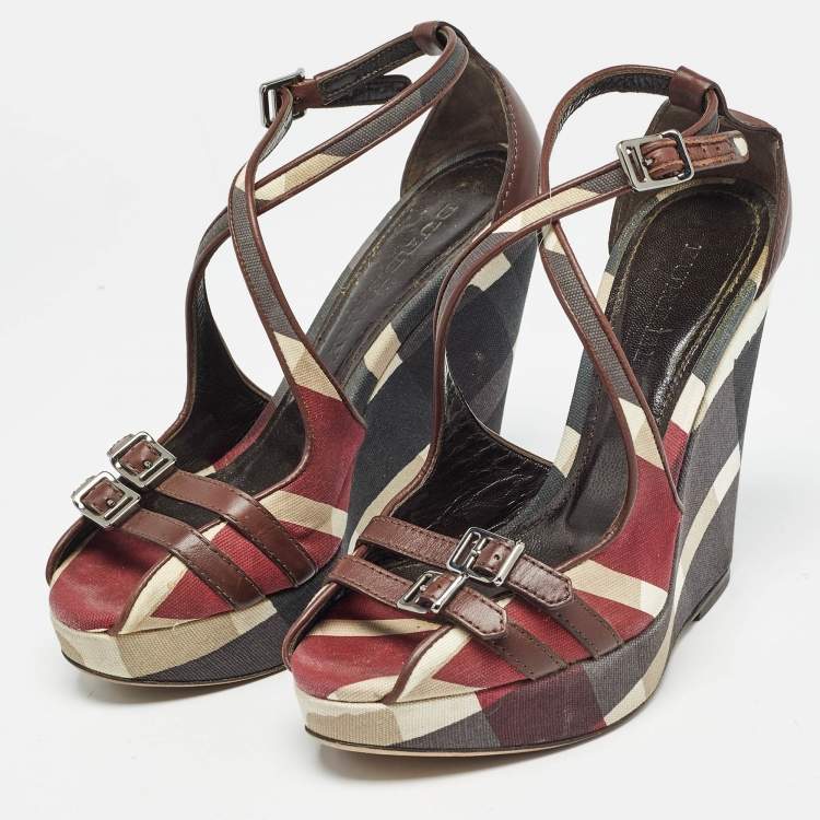 Pre Owned Burberry Multicolor Canvas and Leather Check Wedge Sandals Size 36
