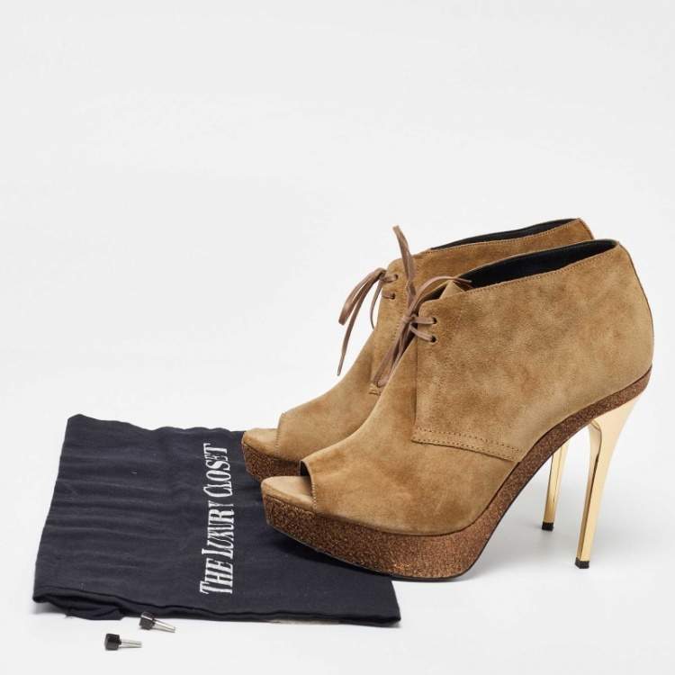 Pre Owned Burberry Brown Suede Peep Toe Cork Platform Booties Size 39