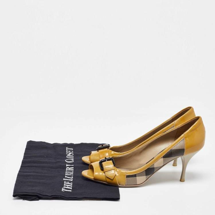 Pre Owned Burberry Tricolor Patent and Nova Check Canvas Peep Toe Pumps Size 40