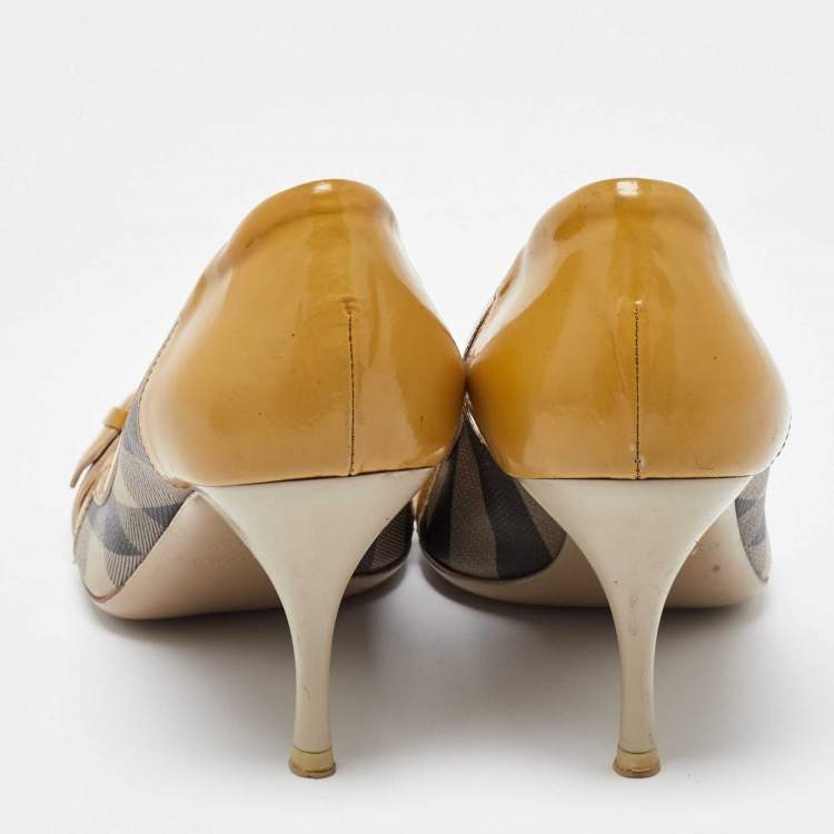 Pre Owned Burberry Tricolor Patent and Nova Check Canvas Peep Toe Pumps Size 40