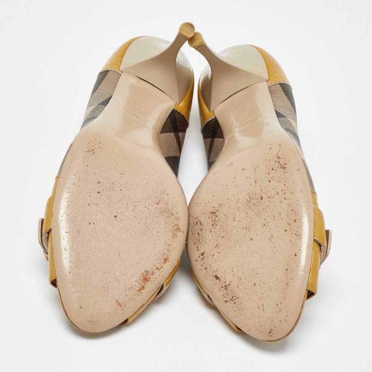 Pre Owned Burberry Tricolor Patent and Nova Check Canvas Peep Toe Pumps Size 40