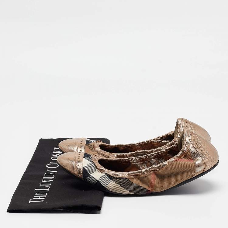 Pre Owned Burberry Bronze Leather and House Check Canvas Southwark Studded Scrunch Ballet Size 40