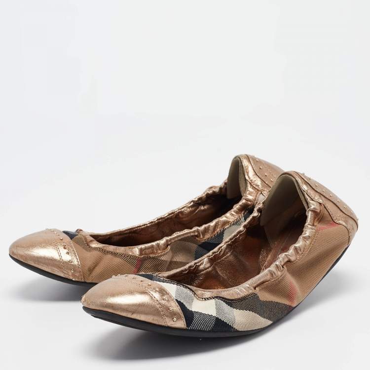 Pre Owned Burberry Bronze Leather and House Check Canvas Southwark Studded Scrunch Ballet Size 40