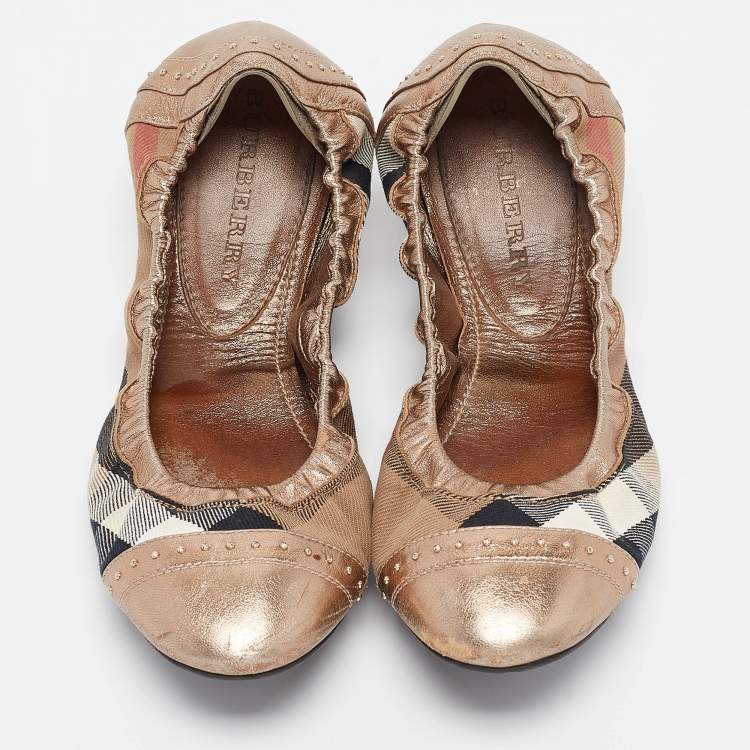 Pre Owned Burberry Bronze Leather and House Check Canvas Southwark Studded Scrunch Ballet Size 40