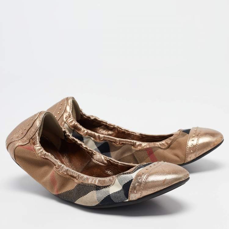Pre Owned Burberry Bronze Leather and House Check Canvas Southwark Studded Scrunch Ballet Size 40