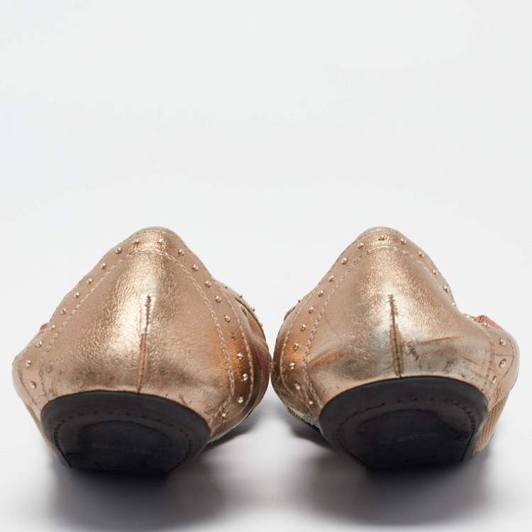 Pre Owned Burberry Bronze Leather and House Check Canvas Southwark Studded Scrunch Ballet Size 40