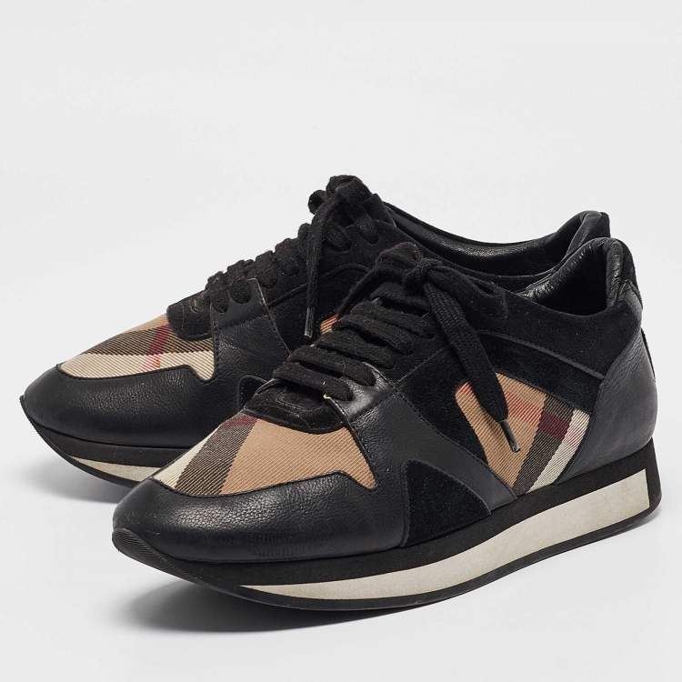 Pre Owned Burberry Black/Beige Supernova Canvas and Leather  Low Top Sneakers Size 38.5