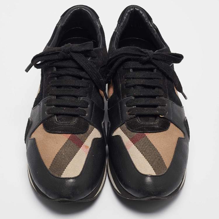 Pre Owned Burberry Black/Beige Supernova Canvas and Leather  Low Top Sneakers Size 38.5