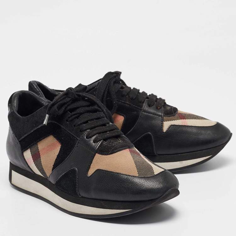 Pre Owned Burberry Black/Beige Supernova Canvas and Leather  Low Top Sneakers Size 38.5