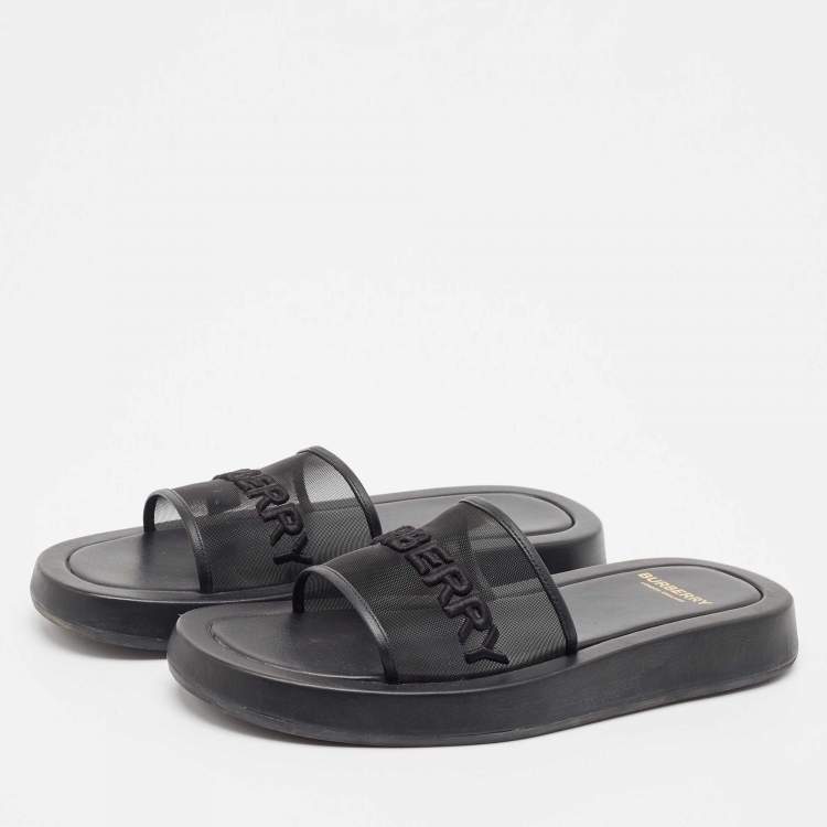 Pre Owned Burberry Black Mesh and Leather Flat Sandals Size 39
