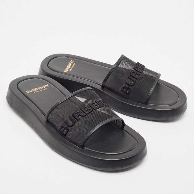 Pre Owned Burberry Black Mesh and Leather Flat Sandals Size 39