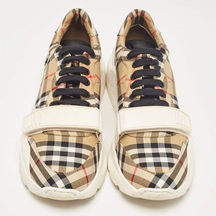 Pre Owned Burberry Brown Canvas and Leather Lace Up Sneakers Size 41