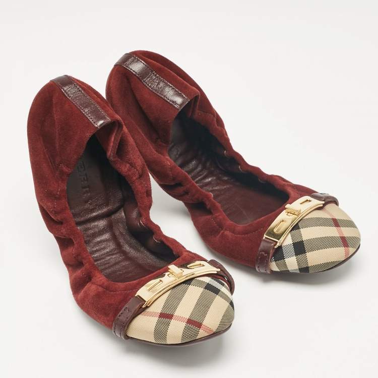 Pre Owned Burberry Burgundy Suede and Canvas Ballet Flats Size 39.5