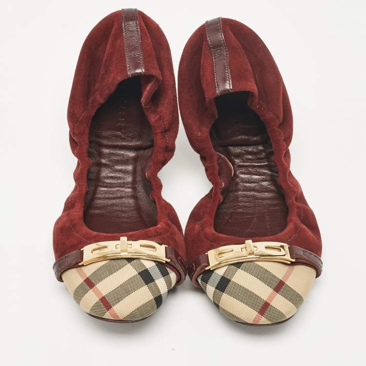 Pre Owned Burberry Burgundy Suede and Canvas Ballet Flats Size 39.5