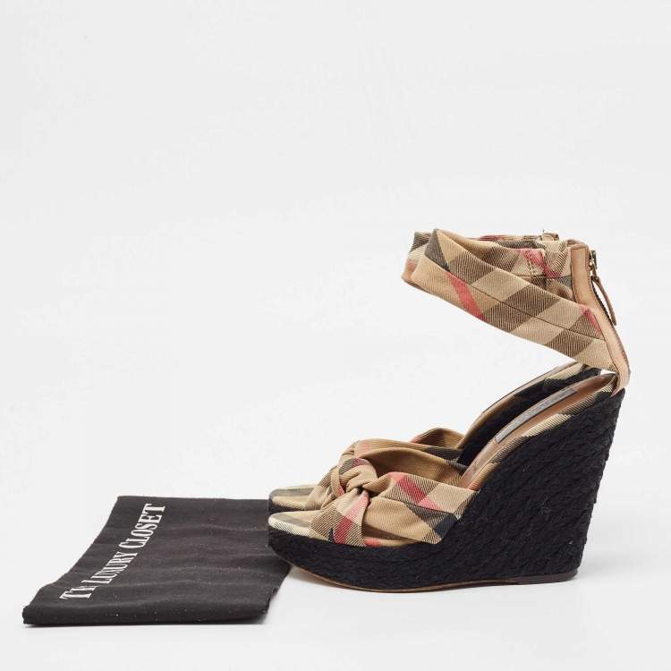 Pre Owned Burberry Brown/Beige Canvas and Leather Wedge Sandals Size 40
