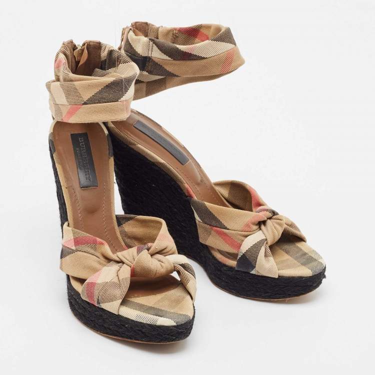 Pre Owned Burberry Brown/Beige Canvas and Leather Wedge Sandals Size 40