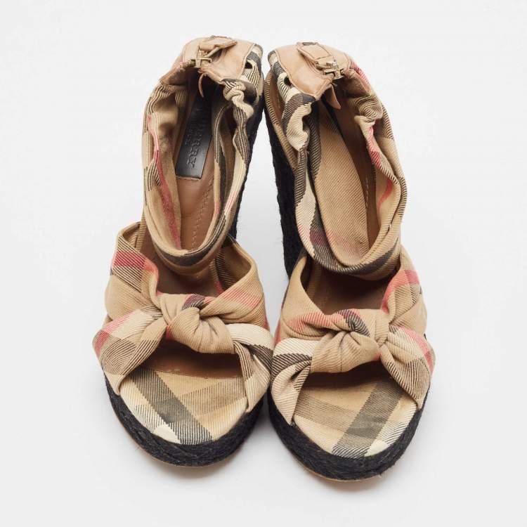 Pre Owned Burberry Brown/Beige Canvas and Leather Wedge Sandals Size 40