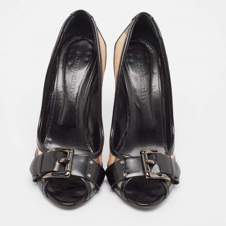 Pre Owned Burberry Black Canvas and Patent Leather Peep Toe Pumps Size 39
