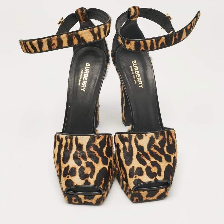 Pre Owned Burberry Brown/Black Calf Hair Peep Toe Ankle Strap Sandals Size 40