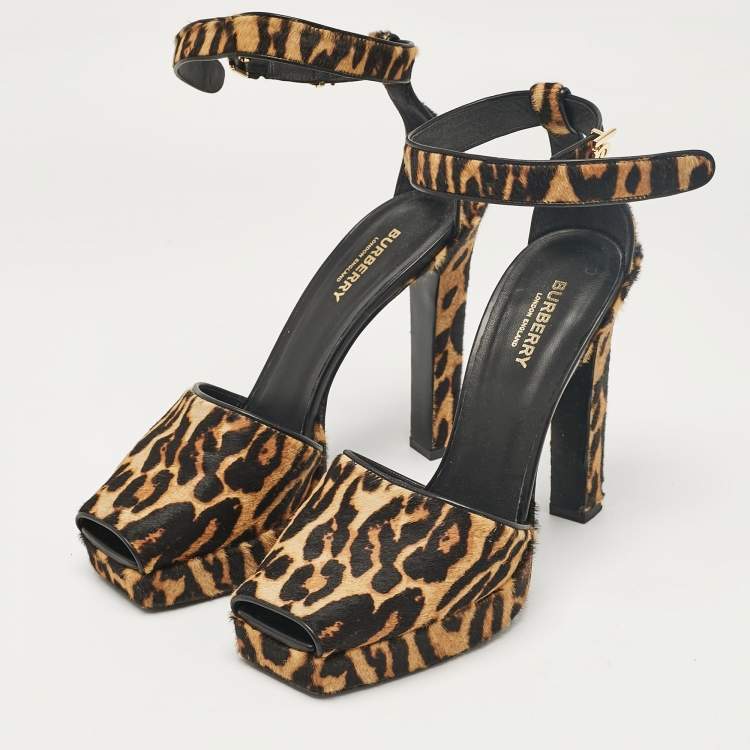 Pre Owned Burberry Brown/Black Calf Hair Peep Toe Ankle Strap Sandals Size 40