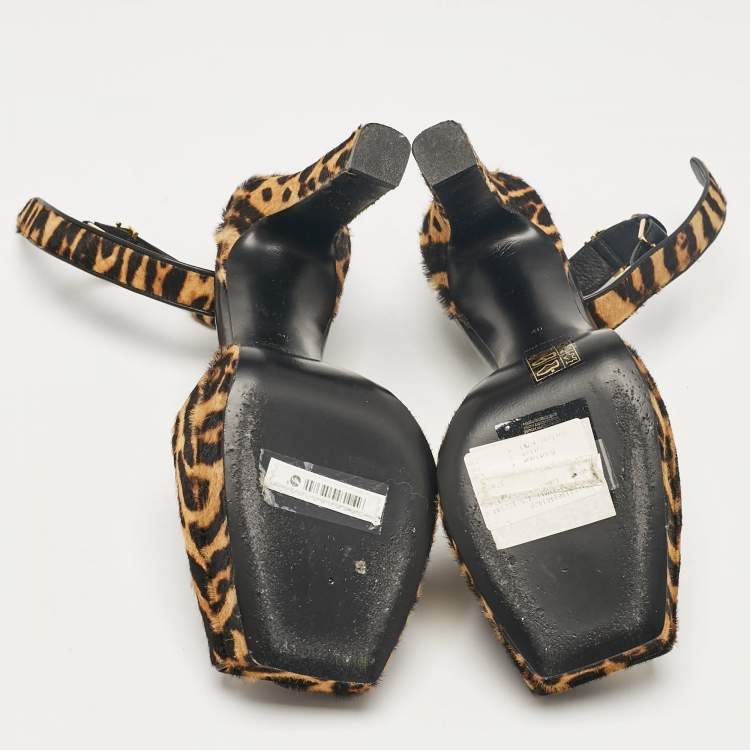 Pre Owned Burberry Brown/Black Calf Hair Peep Toe Ankle Strap Sandals Size 40