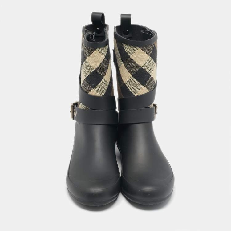 Pre Owned Burberry Beige/Black House Check Canvas and Rubber Rain Boots Size 37