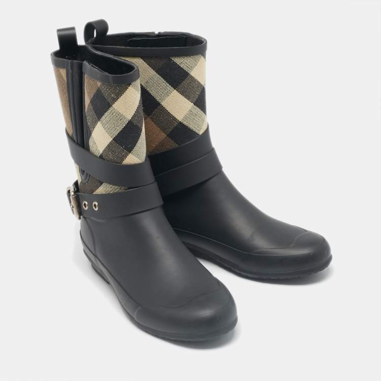 Pre Owned Burberry Beige/Black House Check Canvas and Rubber Rain Boots Size 37